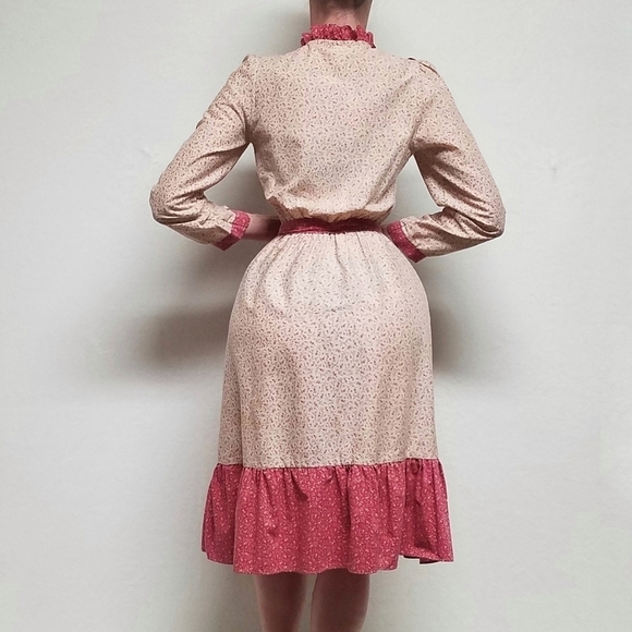 Vintage 60s JCPENNEY Tan Red Floral Calico Print Tie-Waist Boho Peasant Dress S - Picture 3 of 15